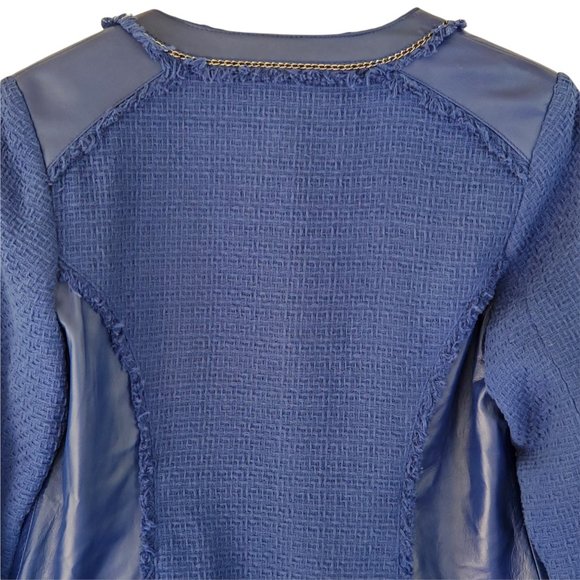 Saks Fifth Avenue Women's M Blue Leather Trim Cotton Waffle Weave Lined Jacket - Picture 10 of 12